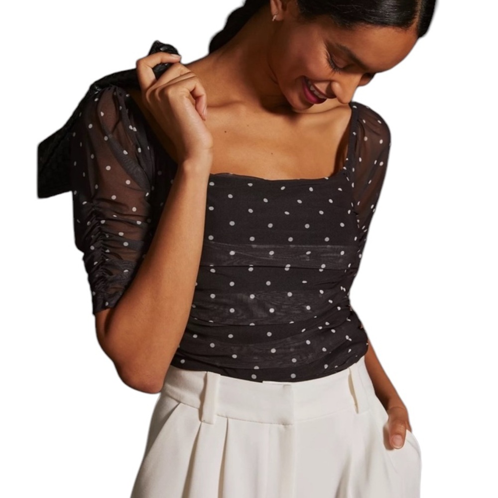 Anthropologie Black & White Polka Dot Shirred Ruched Mesh Cropped Top - S